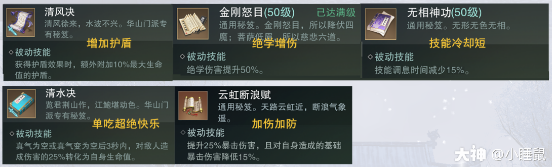 pvp:清心诀 清风诀 无相神功 清水决 嫁衣神功/毒经/钢刃 五岳神定pve