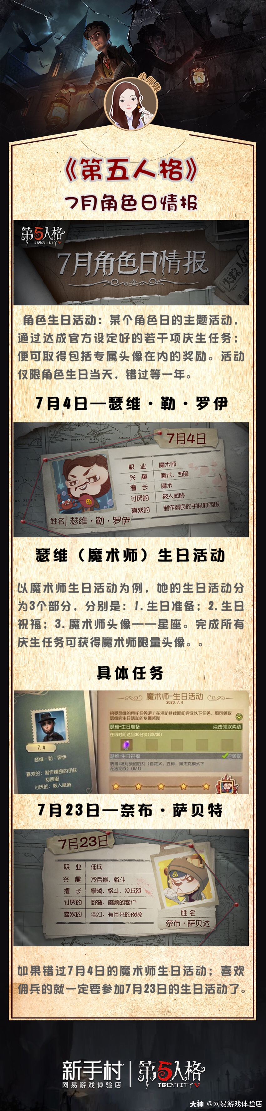 第五人格 7月角色日情报 小师妹划重点 奈布生日在7 大神