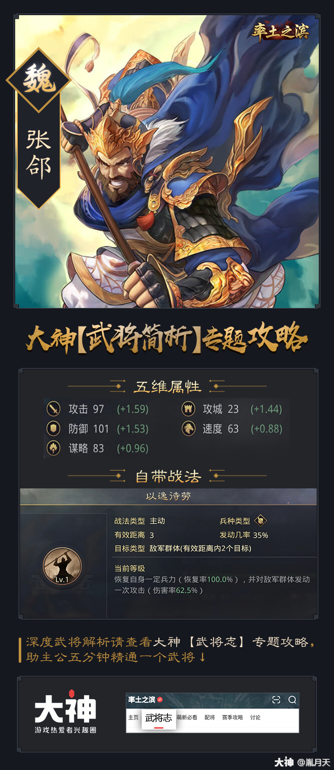 武将简述——张郃(步)/sp张郃(骑)【五维属性】1_率土之滨 | 大神