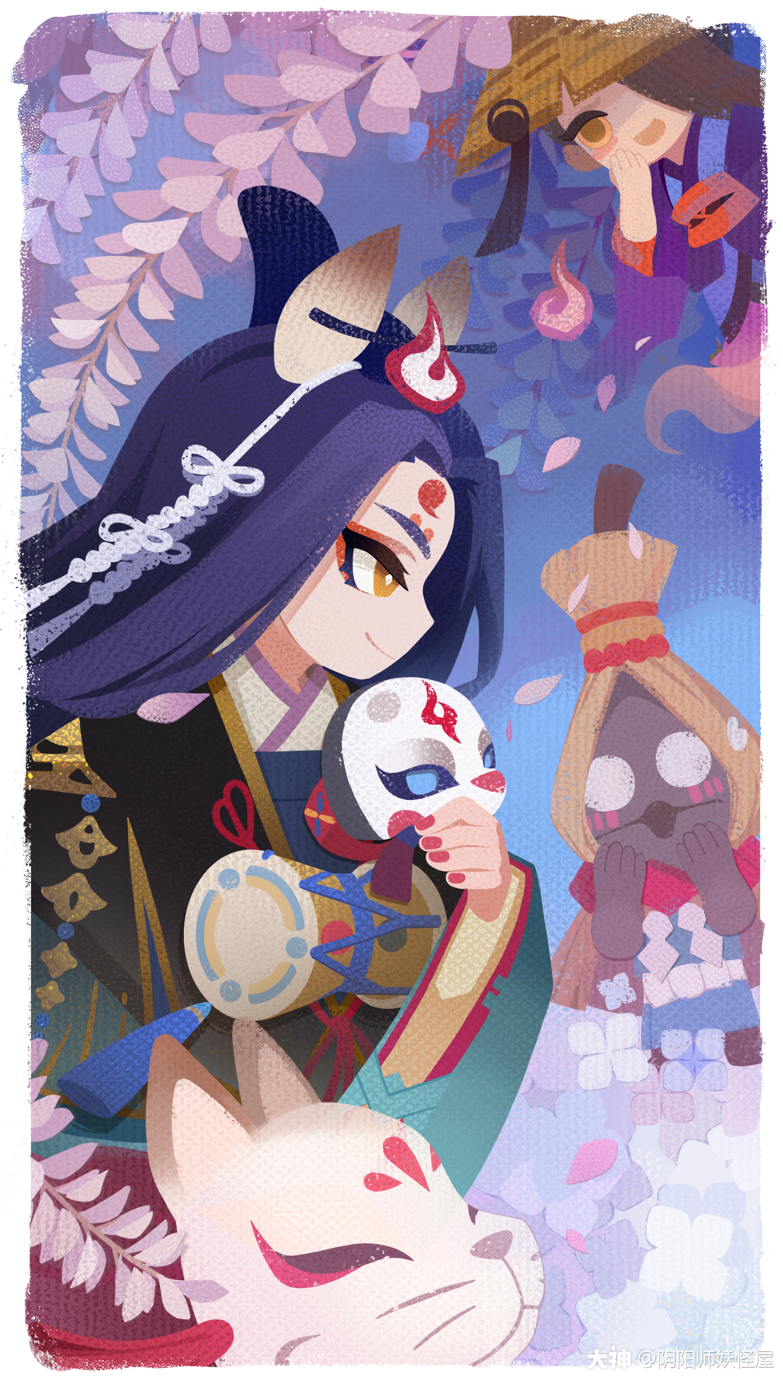 庭院插画集威名赫赫的大妖玉藻前,即便常年佩戴狐狸面具_阴阳师:妖怪