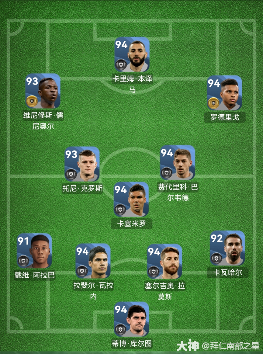 皇马队套豪华版我推荐的是4-3-3阵型,当然皇家马德里的队套打4-2-1
