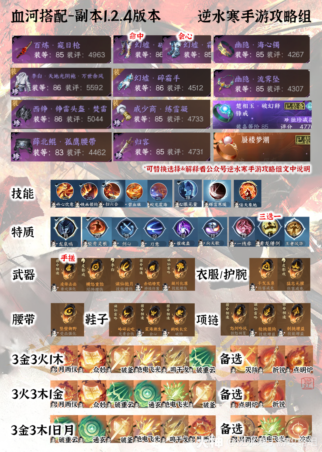 内功:金火,金木,火木三套内功都可以用,凑满周天后主要是看内功副词条