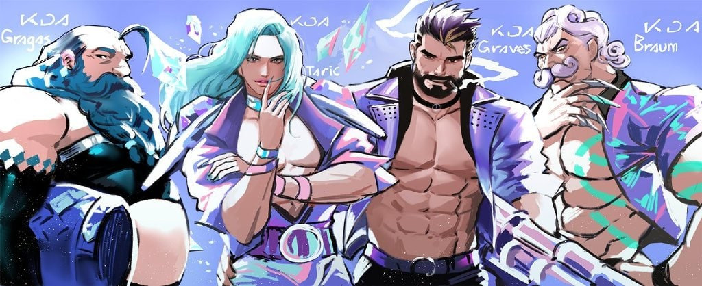 外网粉丝绘制的kda男团成员分别是酒桶宝石男枪布隆