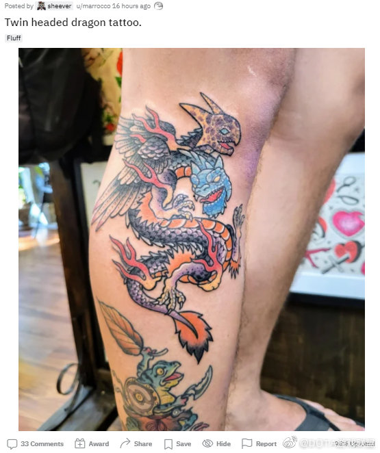 这个双头龙纹身,感觉是下半部东方龙上半部西方龙.缝合怪了属于是